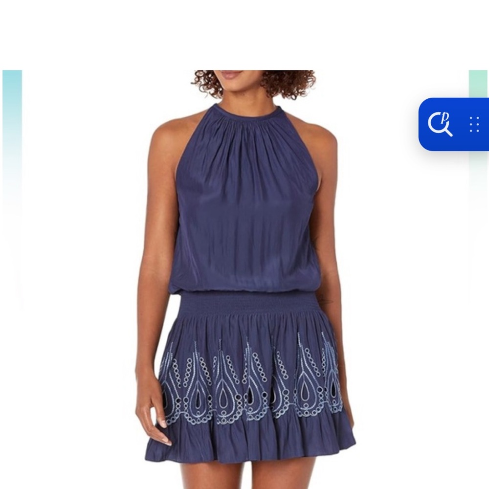 Ramy Brook Navy Halter Dress with Embroidered Hem